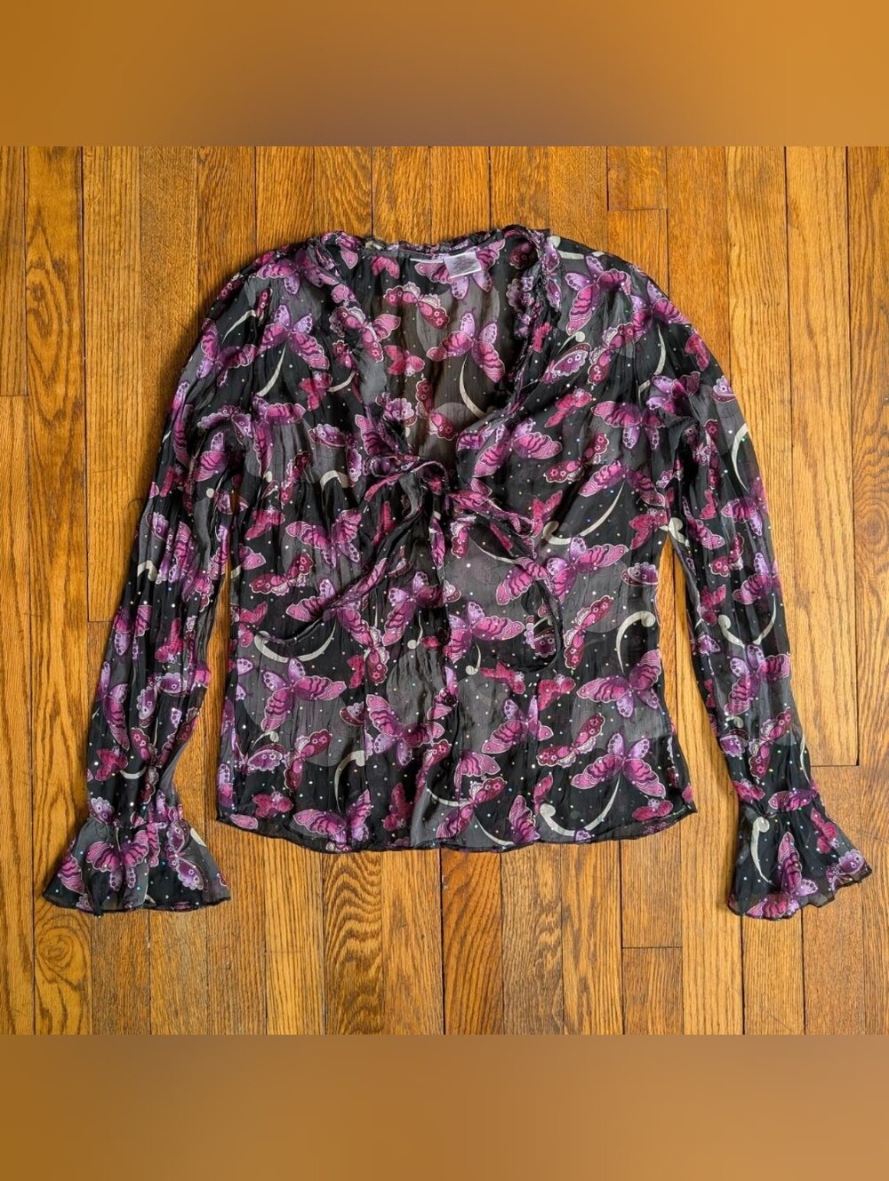 Vintage Y2k No Boundaries Fairycore Butterfly Sparkle Button-front Sheer Blouse